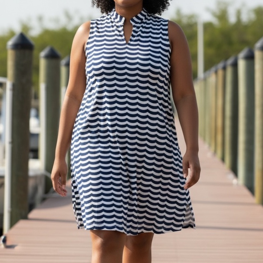 Sailor Sailor NEW Seaport Shift #145-77S Navy and White Wave nylon/spandex XL